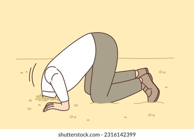 Man hides head in sand like ostrich from proverb, for concept of denial of problems and cowardice. Cowardly guy hides head, not sparing to deal with troubles and ignoring important issues.