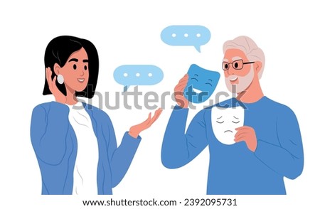 The man hides his face behind social masks with feigned positive or indifferent emotions. A man with imposter syndrome and a woman.