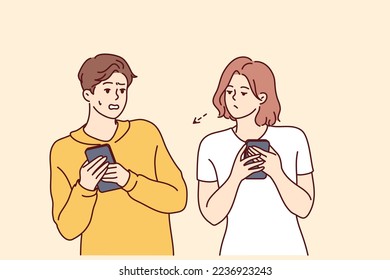 Man hides mobile phone from curious woman peeping and exploding in private space. Girl looks at correspondence of embarrassed boyfriend using social networks in smartphone. Flat vector illustration