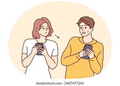 Man hides mobile phone from curious woman peeping and exploding in private space. Girl looks at correspondence of embarrassed boyfriend using social networks in smartphone. Flat vector illustration