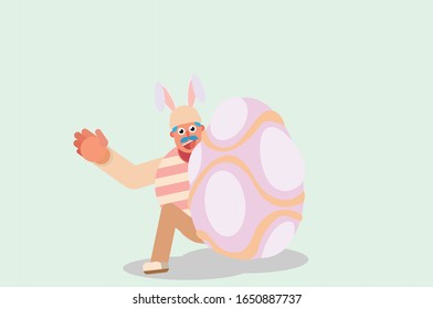 Un hombre se esconde detrás de un gran huevo, tema del Feliz Día de Pascua. Simple ilustración vectorial, esta ilustración también puede utilizarse como pegatina.