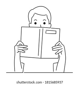 Man hiding behind book. Line art illustration
