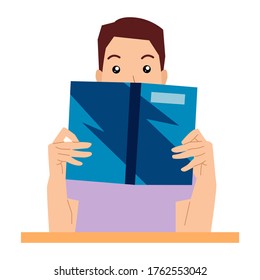 Man hiding behind book. Vector flat illustration