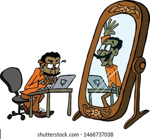 Man hiding behind the computer from his own reflection