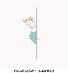 Man hiding behind the wall isolated beige background  For web site  ad  wallpaper   placard  Useful for advert  poster  book cover   banner  Creative art concept  vector illustration