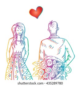 Man hiding bouquet of flowers behind his back. Sketchy style.