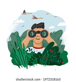 Man is hiding in the bushes and looks through binoculars for birds. Study of animal in the wild nature. Birdwatching. Photo hunting in the summer. Healthy and eco-friendly hobby. Vector illustration