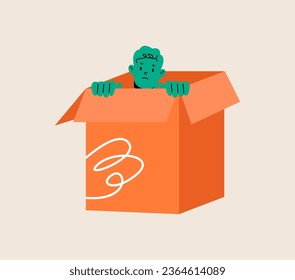 Man hiding in cardboard box. Anxiety concept. Colorful vector illustration
