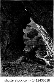 A man hiding in cave, vintage line drawing or engraving illustration