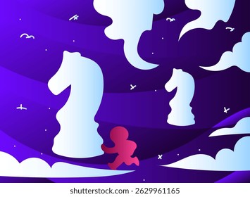 man hiding in a chess knight piece fantasy concept illustration in flat gradient trendy background