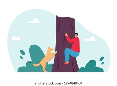 Hombre escondiéndose del perro y trepando la ilustración plana del vector. Miedo a los animales, ataque, concepto agresivo de mascota para banner, diseño de sitios web o página web de aterrizaje