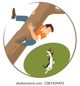 Man hiding from dog in tree. Funny people. Illustration concept template for website, web landing page, banner, presentation, social, poster, promotion or print media.