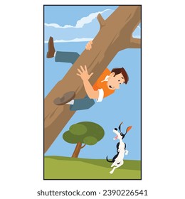 Man hiding from dog in tree. Funny people. Illustration concept template for website, web landing page, banner, presentation, social, poster, promotion or print media.
