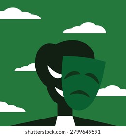 Man hiding evil smile behind sad mask vector illustration. Two faced person showing fake sadness while secretly grinning. Hypocrisy liar or psychological personality concept.