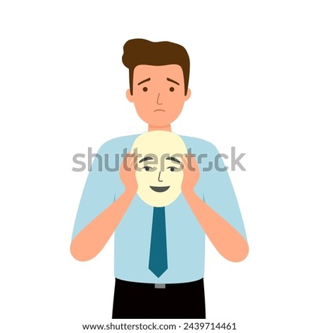 Man hiding face behind social mask with fake positive emotion. Sad man disguising real emotion and feeling.