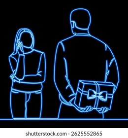 Man Hiding Gift Behind Back Standing in Front of Woman icon neon glow vector illustration concept