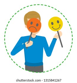 Man hiding his face behind mood mask. Sad and happy mask. Hiding real emotion and pretend. Psychology concept. Vector illustration in cartoon style