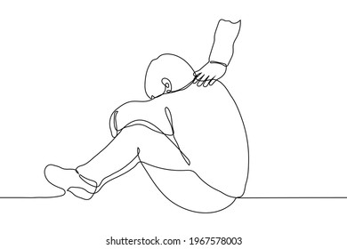 man (hiding his face) sits on the floor with arms around his knees, someone's hand on his shoulder - one line drawing. someone comfort a sad man