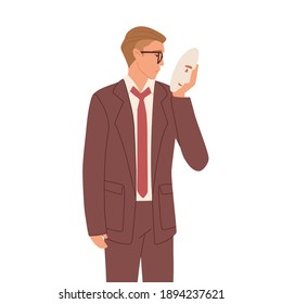 Man hiding real face expression behind social mask with fake positive emotion. Sad and depressed businessman disguising negative feelings. Color flat vector illustration isolated on white background