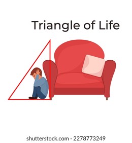 Man hiding in triangle of life. Earthquake instruction. Safety rules. Man sitting near the armchair to protect himself. Vector illustration