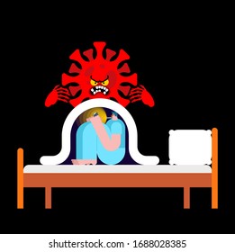 Man hiding under blanket from coronavirus. Pandemic virus and man. Global epidemic disease 2019-nCoV Novel virus and guy