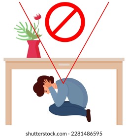 Man hiding under the table. Earthquake instruction. Safety rules. Man does not follow the safety instructions . Vector illustration