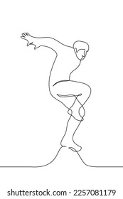 man in high jump - one line drawing vector. concept jumper, joy, happiness, escape, parkour