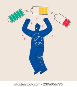 Hombre con un indicador de carga de batería de alto nivel de vida. Concepto de impulso a la energía humana. Ilustración vectorial colorida
