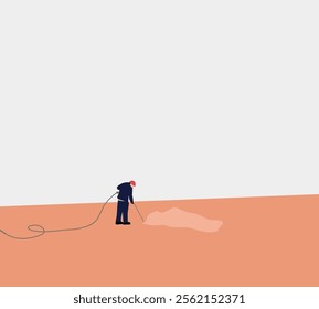 Man with high pressure water cleaner clean street floor removing dirty. Minimal art design.