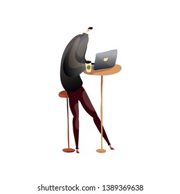 Man at a high table working on a laptop. Vector illustration