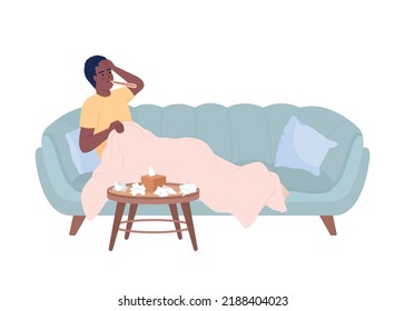 Man with high temperature resting on sofa semi flat color vector character. Editable figure. Full body person on white. Fever simple cartoon style illustration for web graphic design and animation