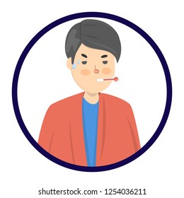 Man with a high temperature as a symptom of flu, cold. Guy is unhappy and in sweat. Flat vector illustration