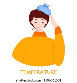 Man with a high temperature as a symptom of flu or cold. Sick person symptoms. Man is unhappy and in sweat. Flat illustration