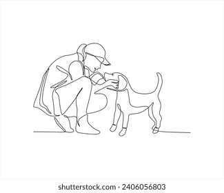 Perro hombre de alto nivel cinco con estilo de dibujo de línea continua. Amistad de mascotas y personas. Esbozo lineal negro aislado sobre fondo blanco. Ilustración del vector