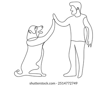 Man highfiving hond in lijn kunst tekening stijl huisdier en mensen vriendschap