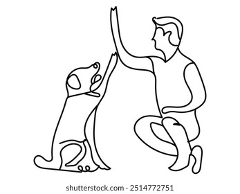 Man highfiving dog in line art drawing style pet and people friendship