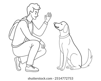 Man highfiving dog in line art drawing style pet and people friendship