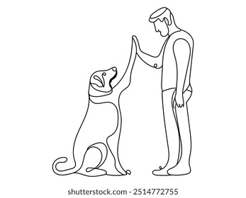 Man highfiving hond in lijn kunst tekening stijl huisdier en mensen vriendschap