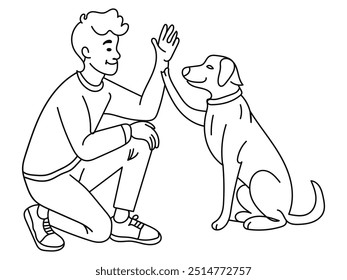 Man highfiving hond in lijn kunst tekening stijl huisdier en mensen vriendschap
