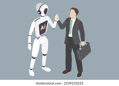 Man high-fiving a robot. Businessman cooperates with artificial intelligence. Vector illustration in isometric style without a face.