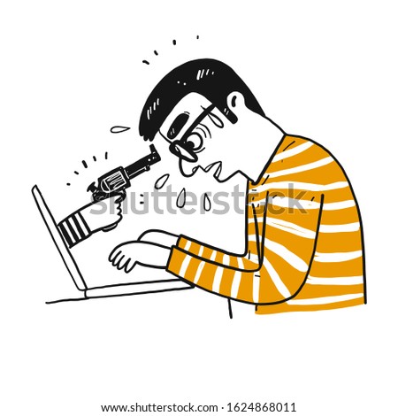 The man hijacked with gunner that push off laptop. Hand drawn doodle style vector design illustrations.