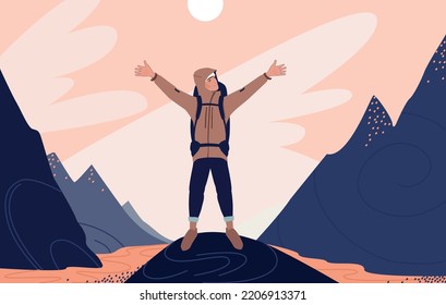 Man hiker with backpack on top of mountains with outstretched arms. Cartoon graphic vector illustration.