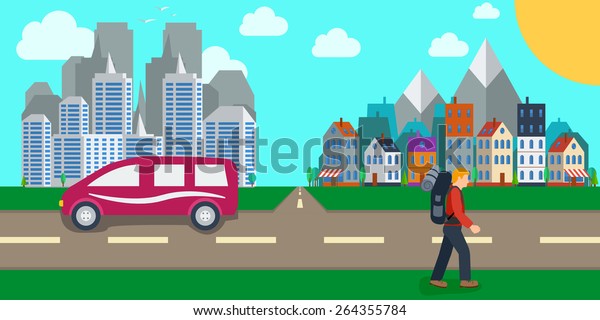 man hiker with backpacks walking near the
road against the background of city landscape hitchhiking traveler
concept. vector illustrations
