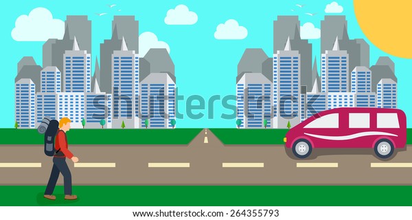 man hiker with backpacks walking near the\
road against the background of city landscape hitchhiking traveler\
concept. vector illustrations\
