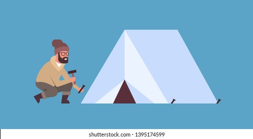 man hiker camper installing a tent preparing for camping hiking concept traveler on hike horizontal male cartoon character full length flat
