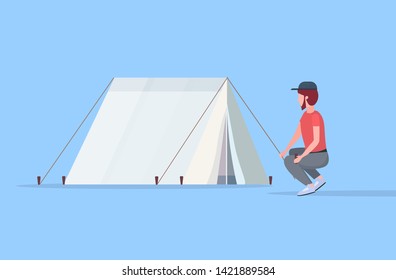 man hiker camper installing a tent preparing for camping hiking concept traveler on hike horizontal male cartoon character full length flat