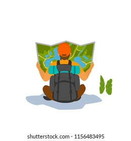 man hiker looking into the map backside view vector graphic