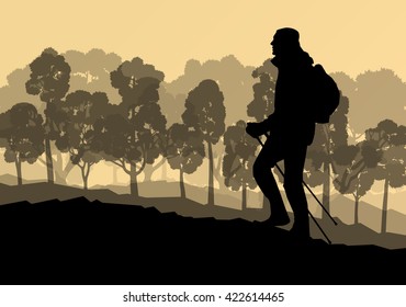 Man hiker Nordic walking with poles vector background forest mountain landscape
