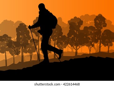 Man hiker Nordic walking with poles vector background forest mountain landscape