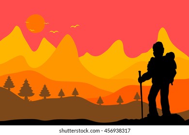 Man hiker Nordic walking with poles vector background forest mountain landscape